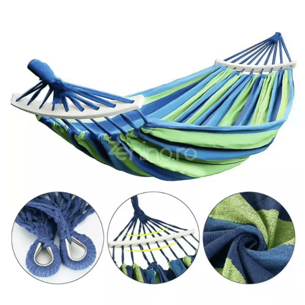 Garden Hammock, Wooden Bars, Fixing Ropes, 1/2 Persons, Maximum Load 200kg., Textile Material, Multicolor