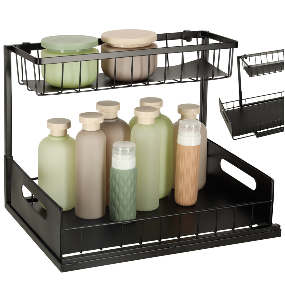 Raft Organizator cu 2 Niveluri, Potrivit sub Chiuveta, pentru Bucatarie, Baie, din Metal, 36x27x38cm