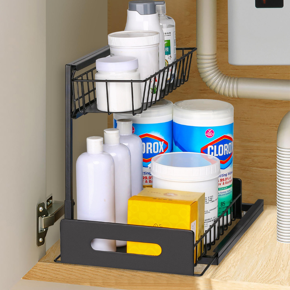 Raft Organizator cu 2 Niveluri, Potrivit sub Chiuveta, pentru Bucatarie, Baie, din Metal, 36x27x38cm