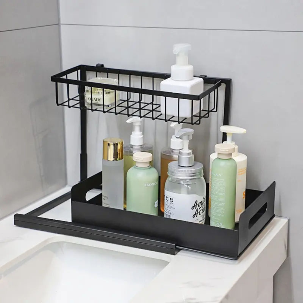 Raft Organizator cu 2 Niveluri, Potrivit sub Chiuveta, pentru Bucatarie, Baie, din Metal, 36x27x38cm