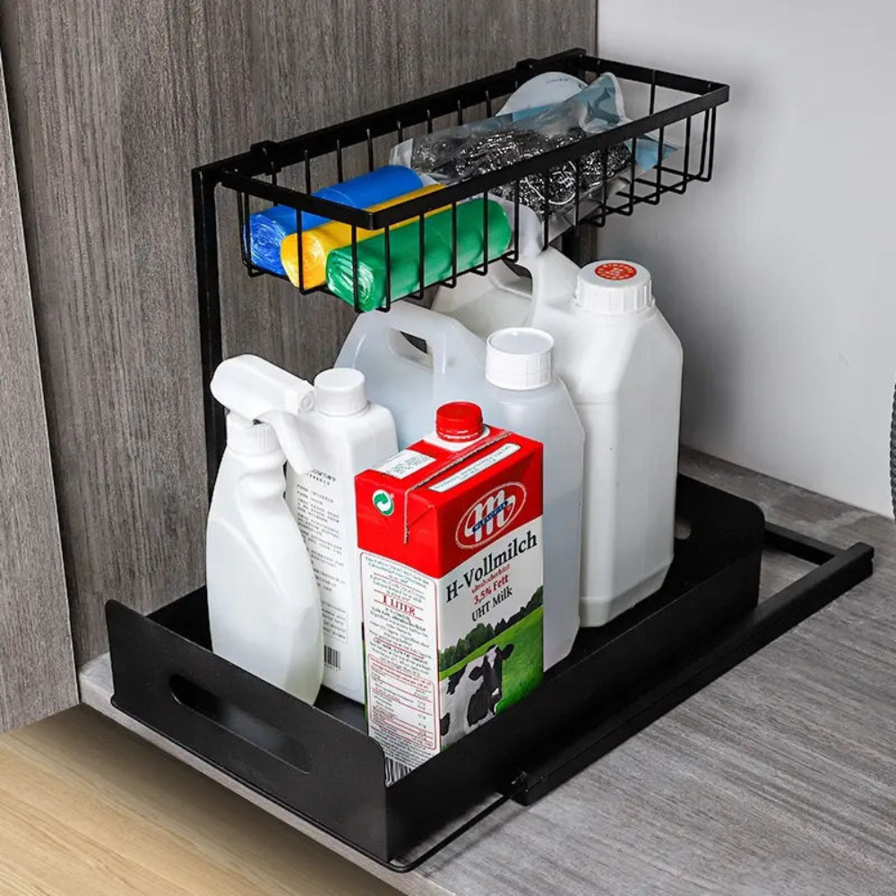 Raft Organizator cu 2 Niveluri, Potrivit sub Chiuveta, pentru Bucatarie, Baie, din Metal, 36x27x38cm