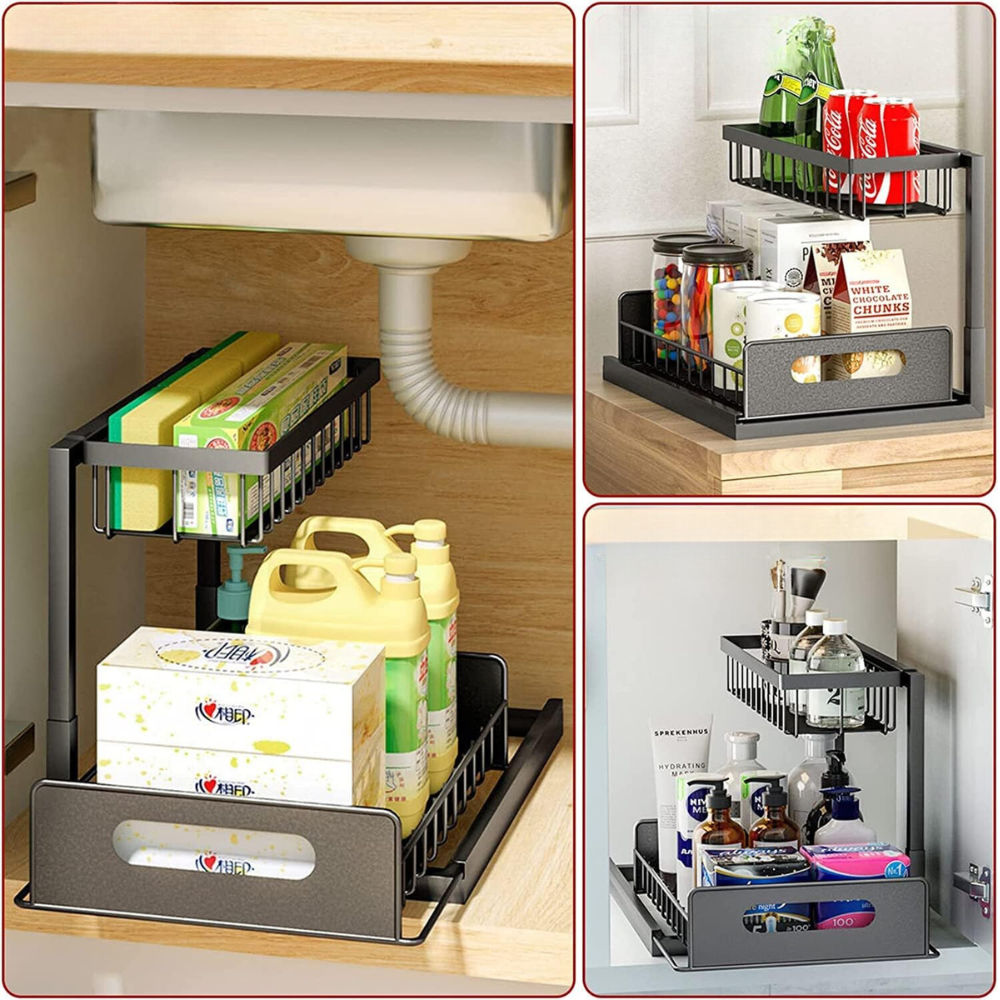 2-Tier Under Sink Organizer Shelf for Kitchen, Bathroom, Metal, 36x27x38cm