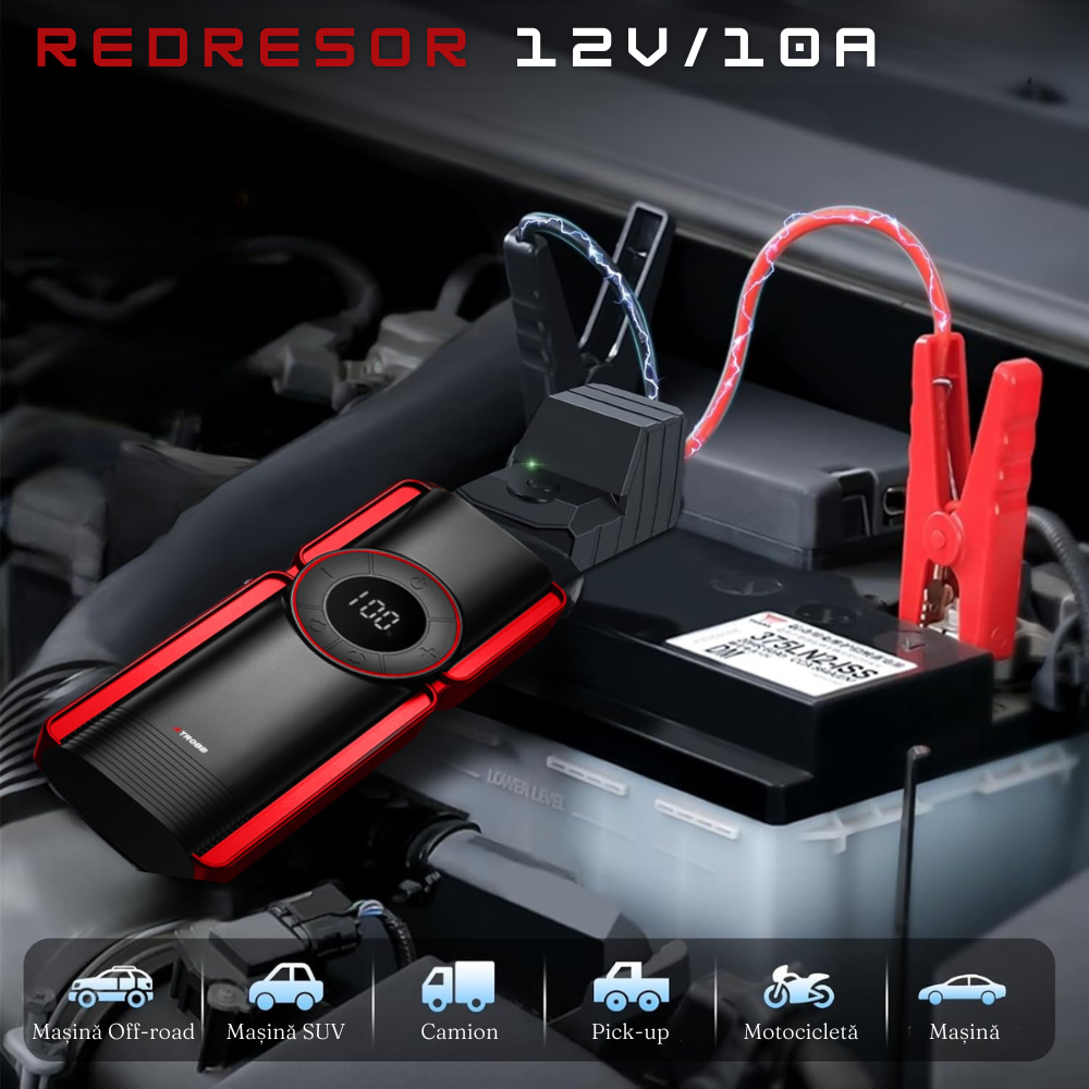 Redresor Auto 6in1, Starter 800A, 120W, 12V/10A, 10000 mAh, Lanterna LED, Compresor