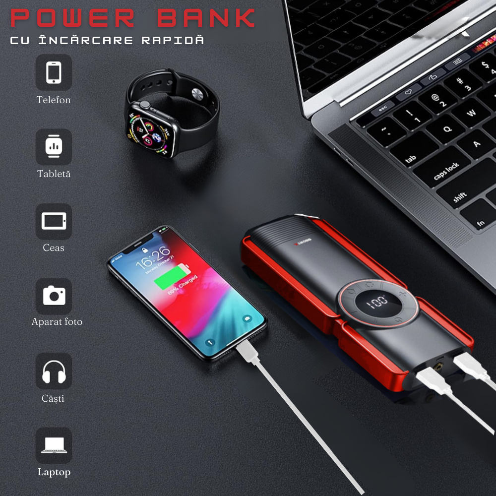 Redresor Auto 6in1, Starter 800A, 120W, 12V/10A, 10000 mAh, Lanterna LED, Compresor
