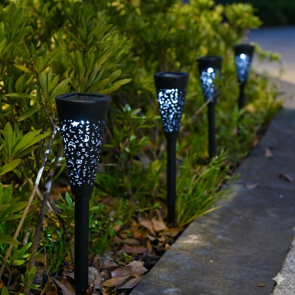 Solar Torch Lamp Set, 8-hour runtime, Ground Mount, Suspension, 2V, 30mAh, Black