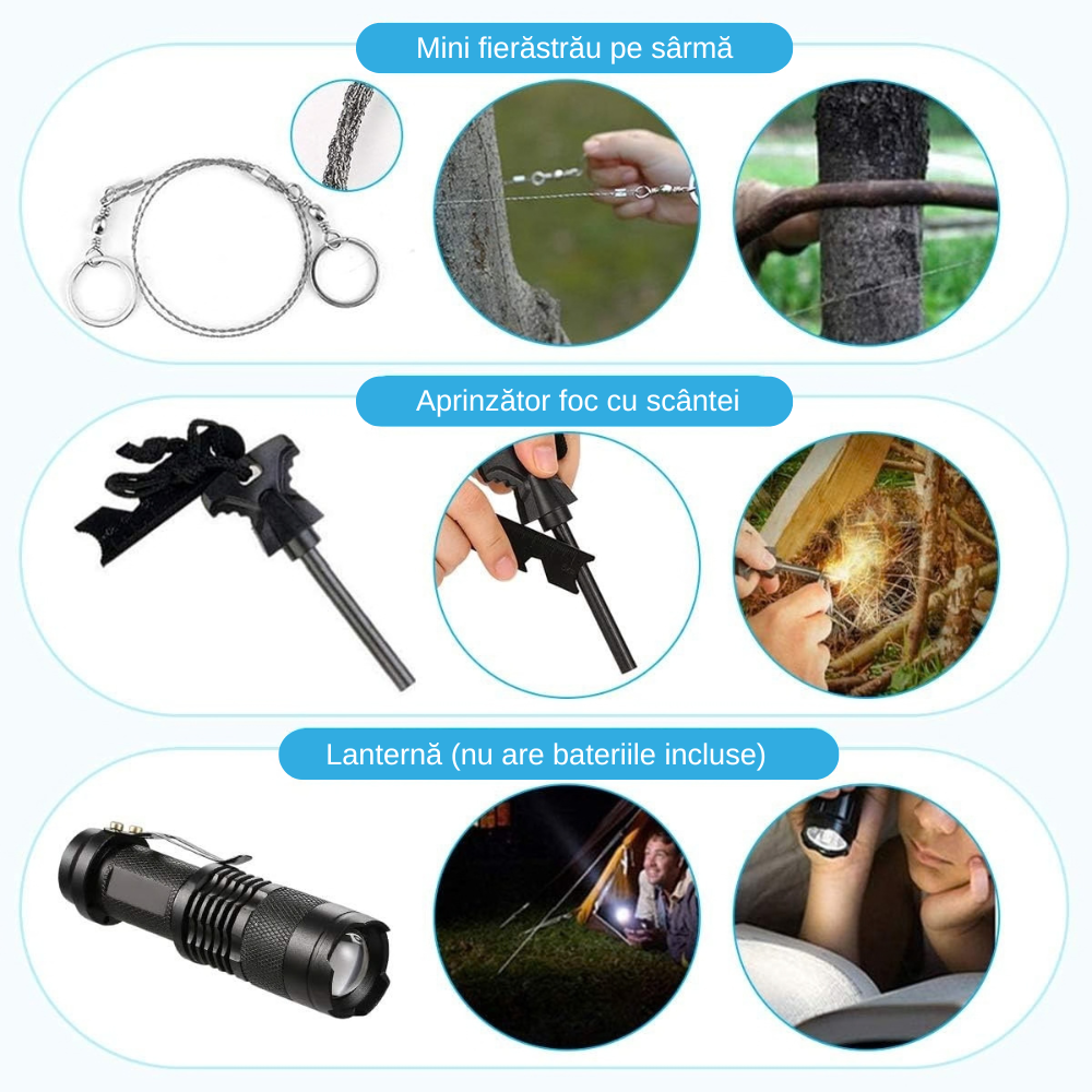 Kit Supravietuire 13 in 1, Instrumente Multifunctionale, Lanterna, Model Compact