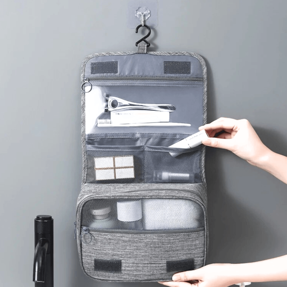 Cosmetic Bag, for Travel, 3 Compartments, Waterproof, Hangers, Textile Material, Gray