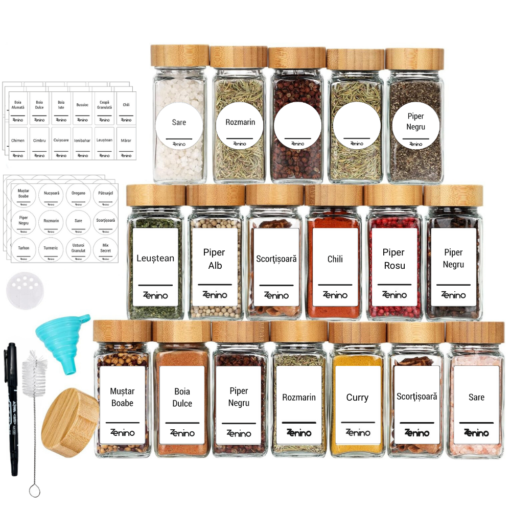 Spice Container Set, Aluminum/Wooden Lid, 96 White Labels in Romanian, 12-24 Salt Shakers, Funnel, Marker, 110ml, Bottle