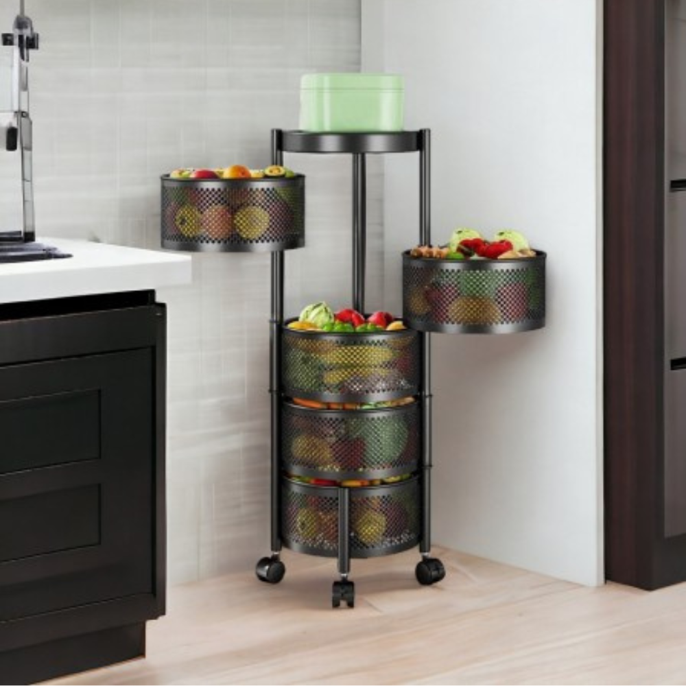 Carucior Depozitare, 5 Niveluri Rotative, din Metal, cu Roti, 90.5cm