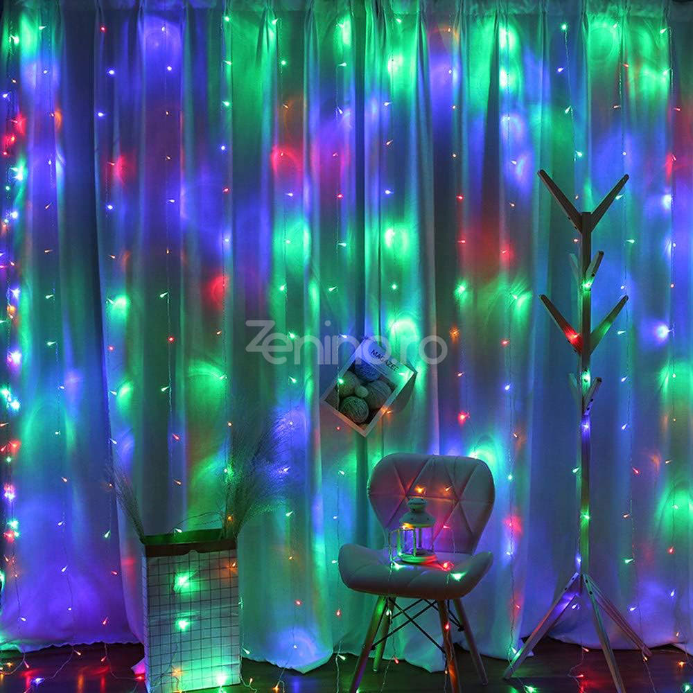 Instalatie de Craciun, Tip Perdea, Becuri LED, 8 Jocuri de Lumini, Fir Transparent, Prelungitor 1.5m, Alb Cald, Rece, Multicolor