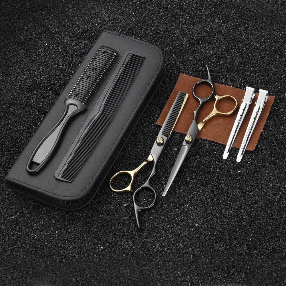 Set de Tuns, 2 Foarfece din Otel, Pieptene, Panza de Catifea, Carcasa, Negru