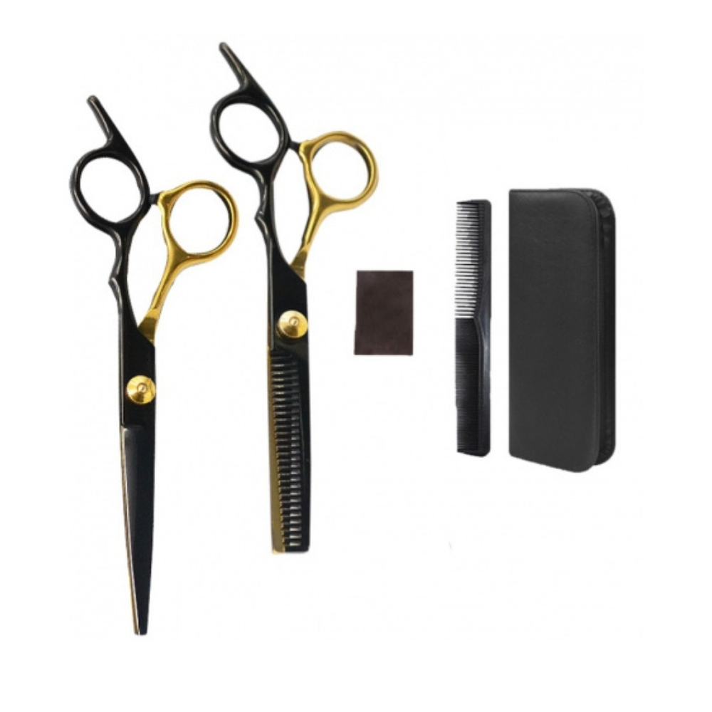 Hairdressing Set, 2 Steel Scissors, Comb, Velvet Cloth, Case, Black