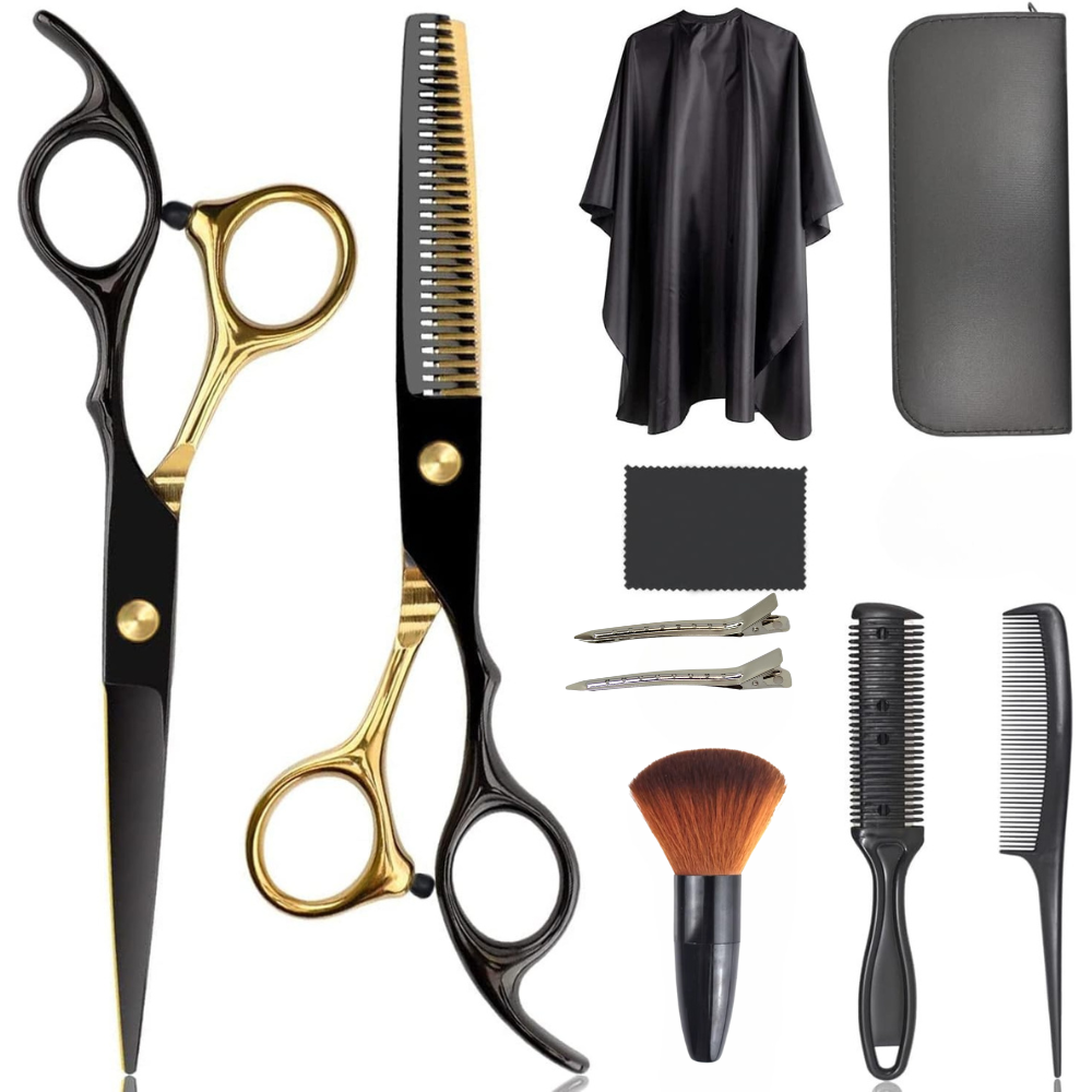 Set de Tuns, 2 Foarfece din Otel, Pieptene, Panza de Catifea, Carcasa, Negru