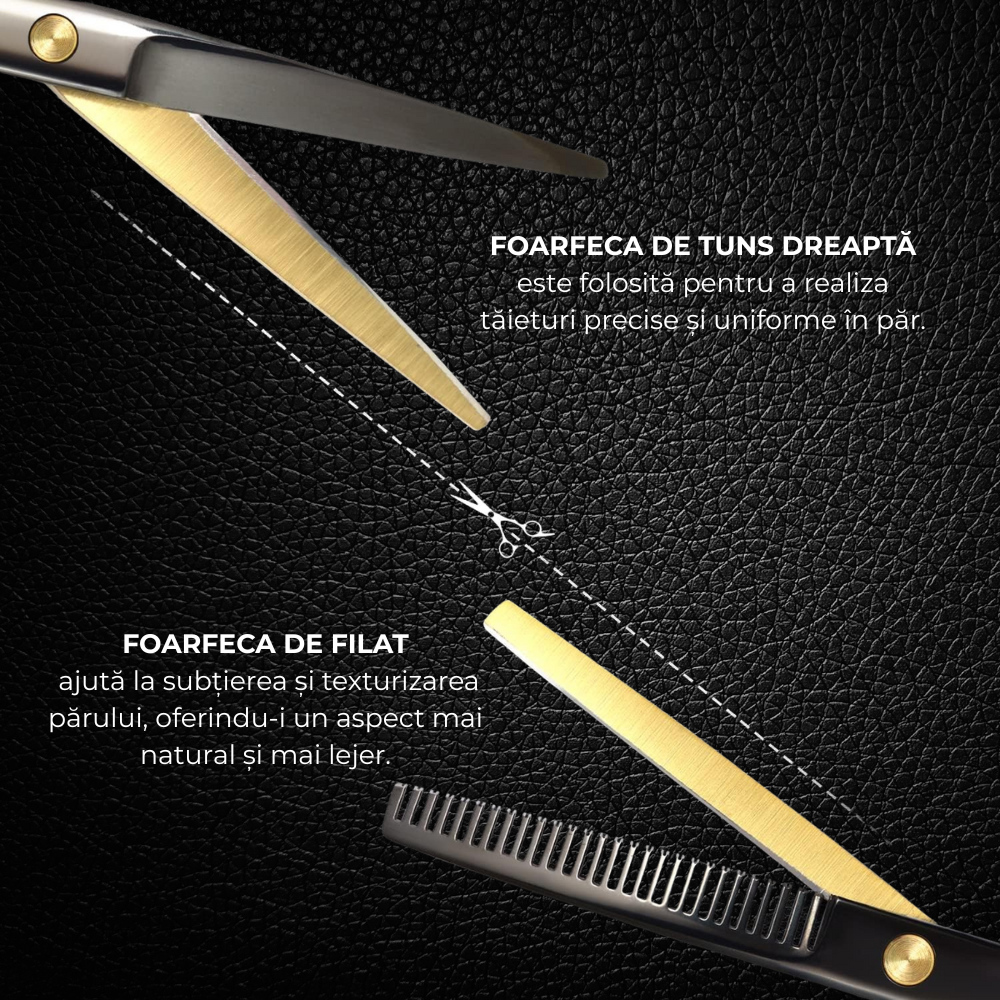 Set de Tuns, 2 Foarfece din Otel, Pieptene, Panza de Catifea, Carcasa, Negru