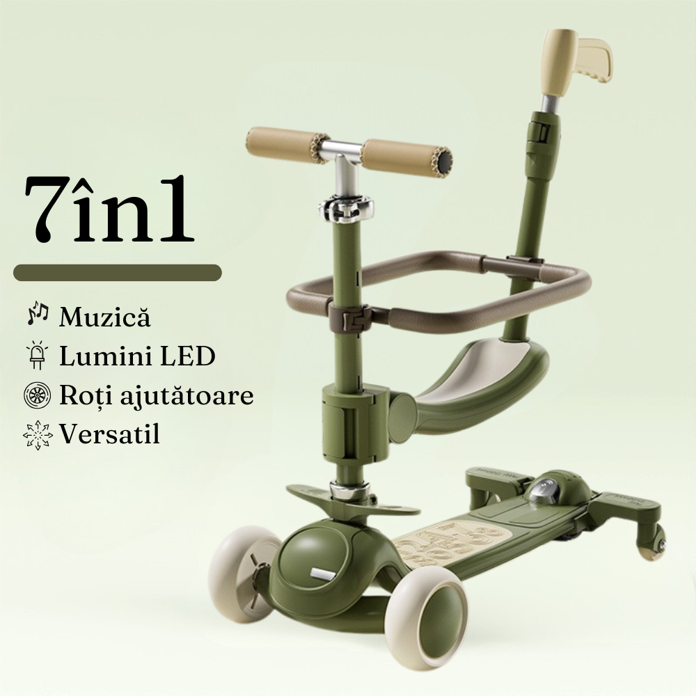 Trotineta Copii 3in1, tip Carucior, Cadru Siguranta, Ghidon Reglabil, Lumini LED, Muzica, Versatil