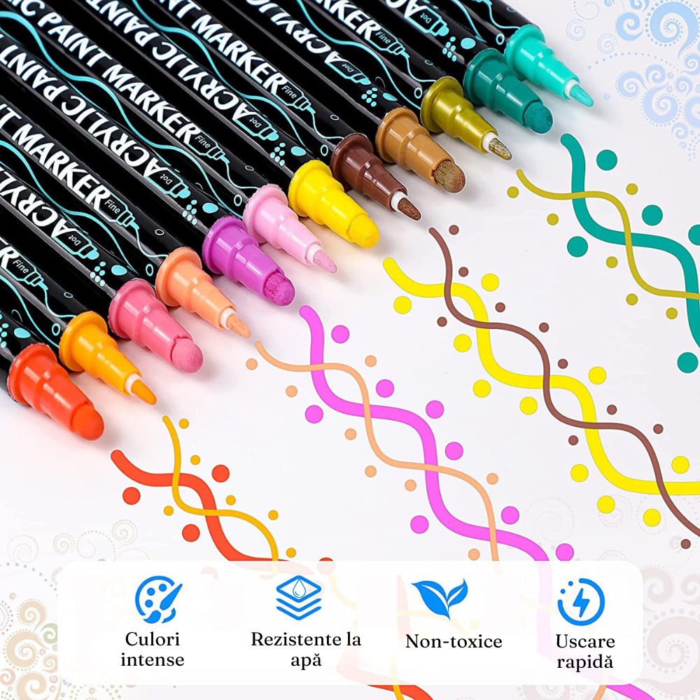 Set Markere Acrilice, Varf Dublu 1-5mm, 24-36 Culori Intense, Multisuprafete