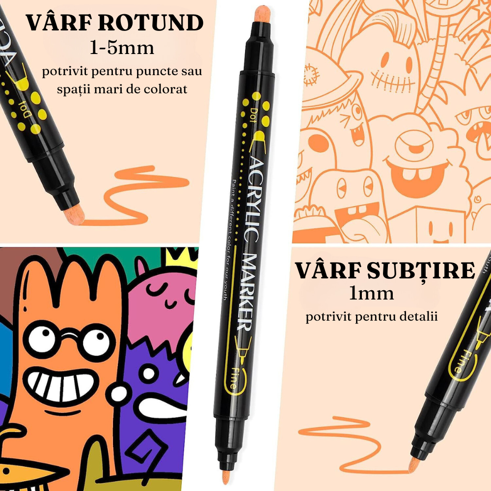 Set Markere Acrilice, Varf Dublu 1-5mm, 24-36 Culori Intense, Multisuprafete