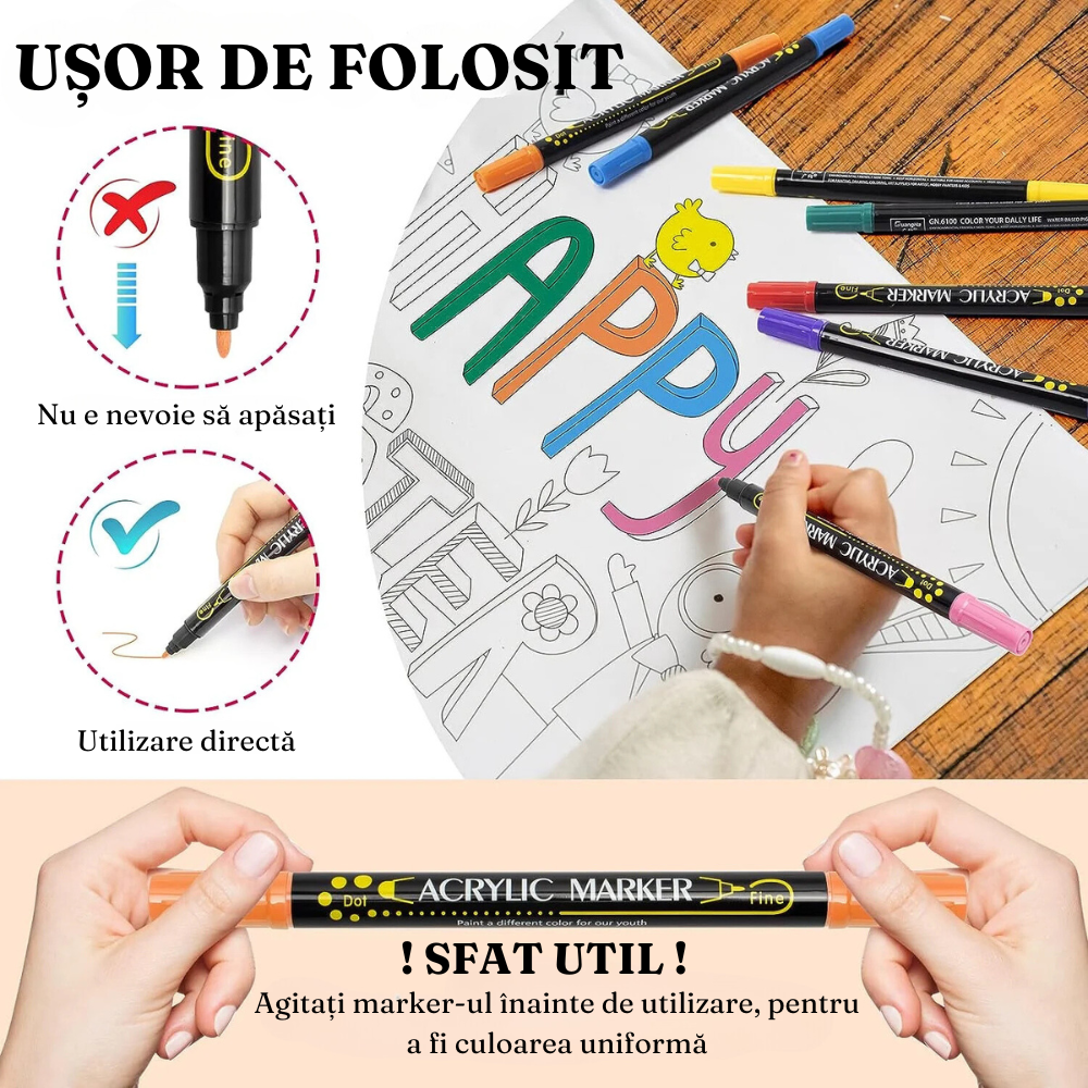 Set Markere Acrilice, Varf Dublu 1-5mm, 24-36 Culori Intense, Multisuprafete