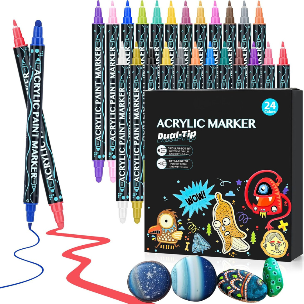 Set Markere Acrilice, Varf Dublu 1-5mm, 24-36 Culori Intense, Multisuprafete