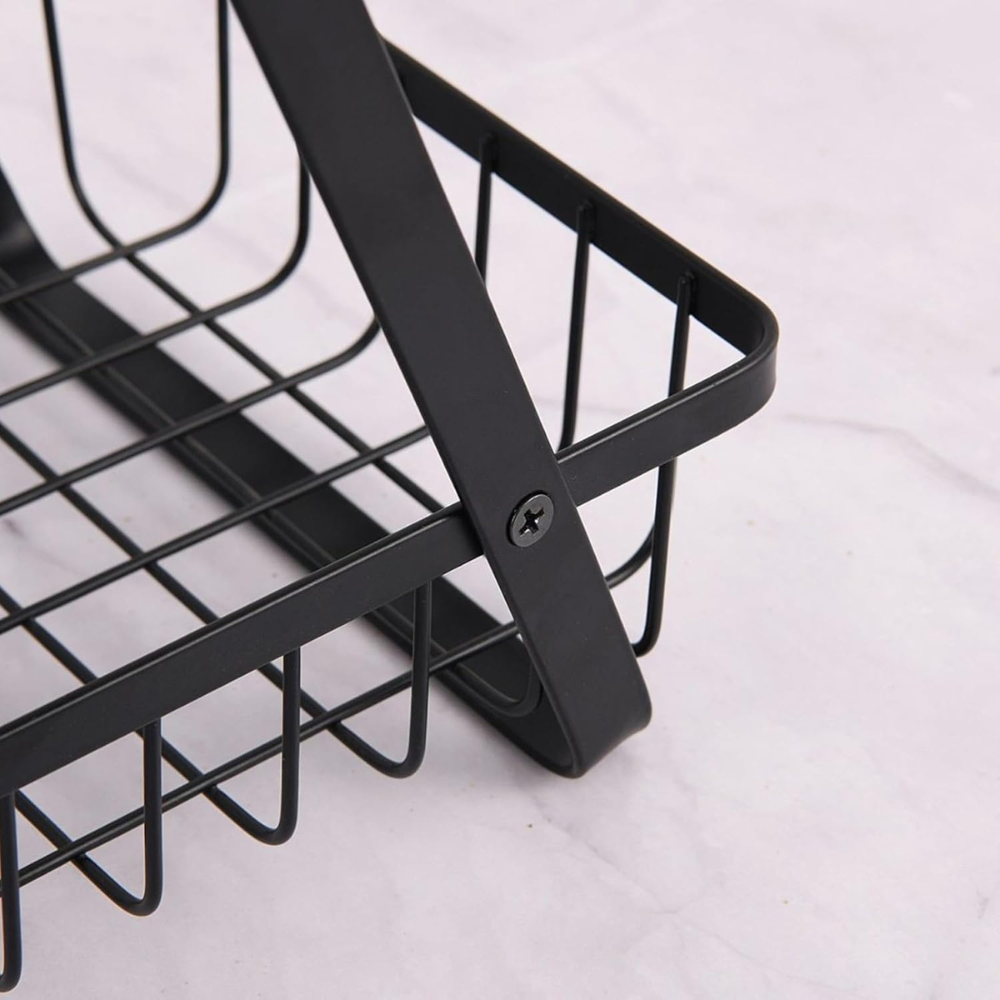Cos pentru Fructe, 2 Niveluri, Maner de Lemn, Usor de Instalat, din Metal, Negru