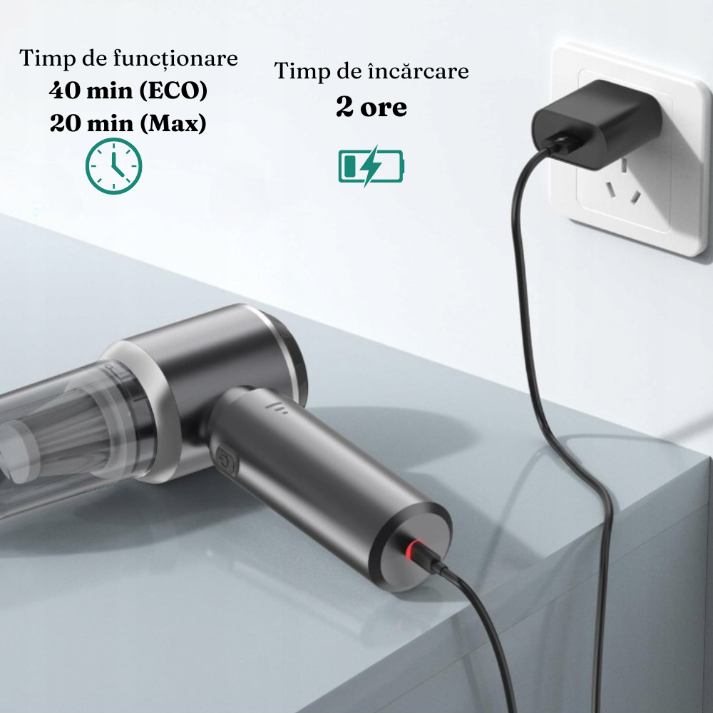 Aspirator Auto Portabil, 3 Viteze, 100W, Filtru Hepa, 2000mAh, 7 Capete Aspirare, 50dB