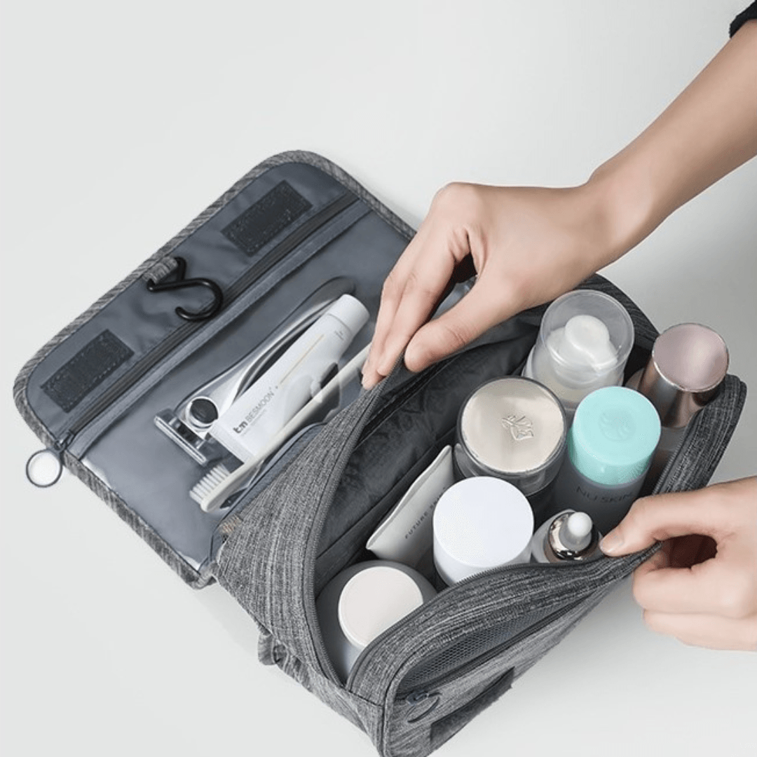 Cosmetic Bag, for Travel, 3 Compartments, Waterproof, Hangers, Textile Material, Gray