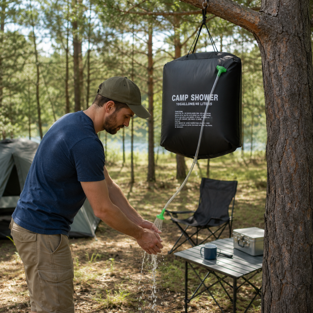 Portable Solar Heated Shower, for Camping, 20/40L, Leakproof Closure, Hanging Handle, Easy to Fill, Black
