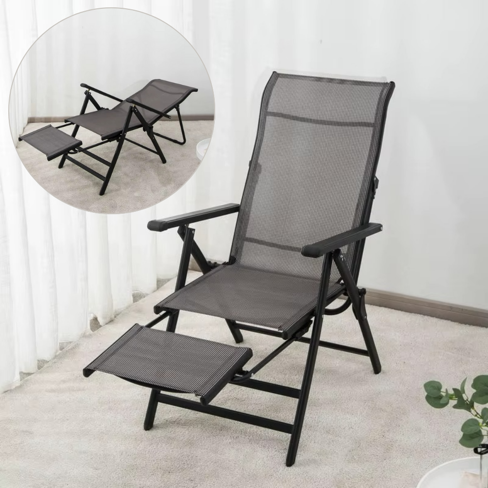 Scaun de Gradina 2in1, Tip Sezlong, Suport Picioare, Pliabil, Cadru Metal, Tesatura Teslin, Negru
