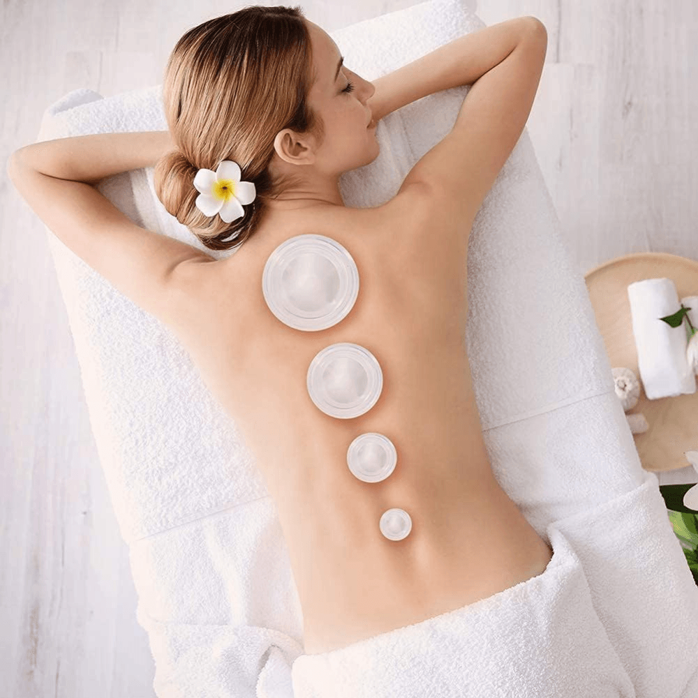 Set of 4 Massage Cupping Cups, Therapeutic, Anti-Cellulite, Relaxation, Soft Silicone, Transparent/Blue