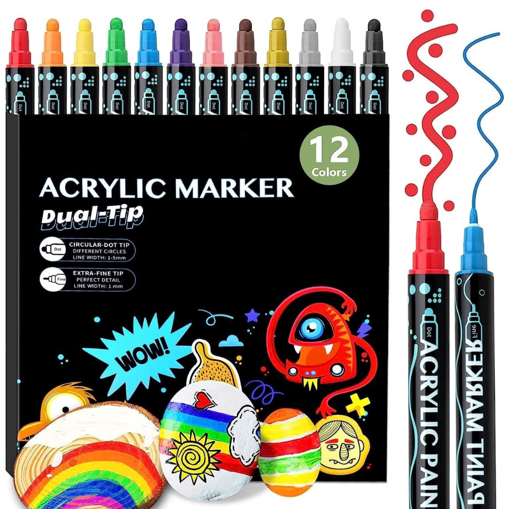 Set Markere Acrilice, Varf Dublu 1-5mm, 24-36 Culori Intense, Multisuprafete