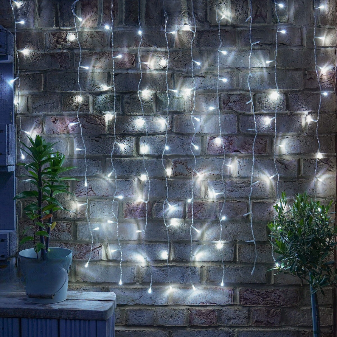 Instalatie de Craciun, Tip Perdea, Becuri LED, 8 Jocuri de Lumini, Fir Transparent, Prelungitor 1.5m, Alb Cald, Rece, Multicolor