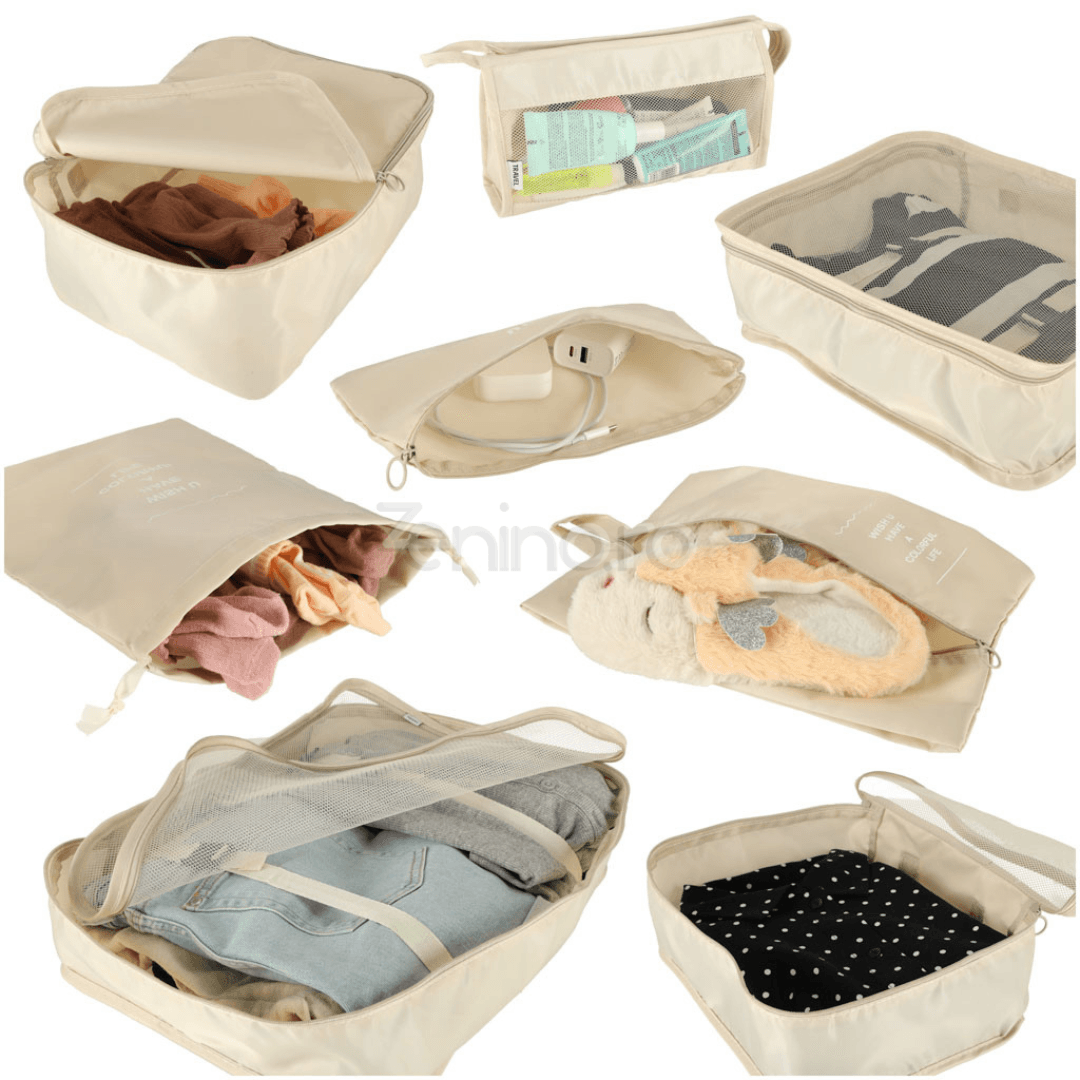 Set of 8 Luggage Organizers, Shoe Bag, Makeup Bag, Waterproof Material, Zipper Closure, for Travel, Gray, Cream