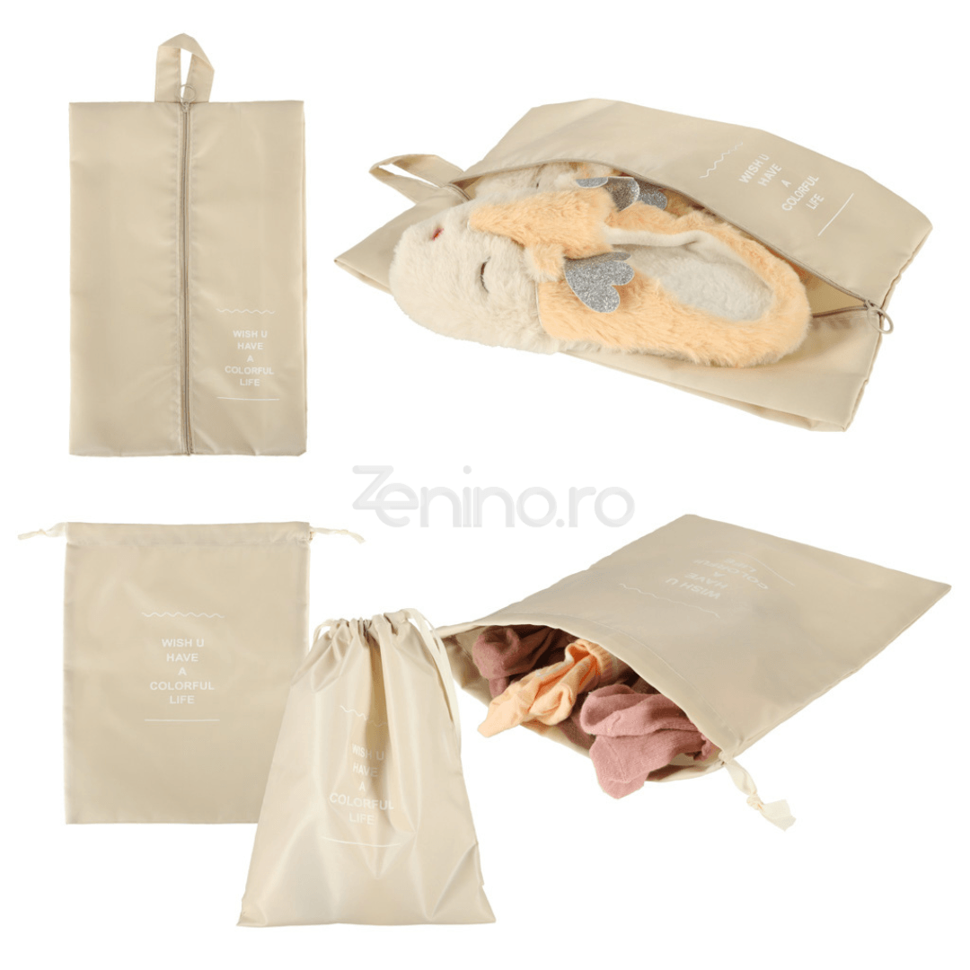 Set of 8 Luggage Organizers, Shoe Bag, Makeup Bag, Waterproof Material, Zipper Closure, for Travel, Gray, Cream