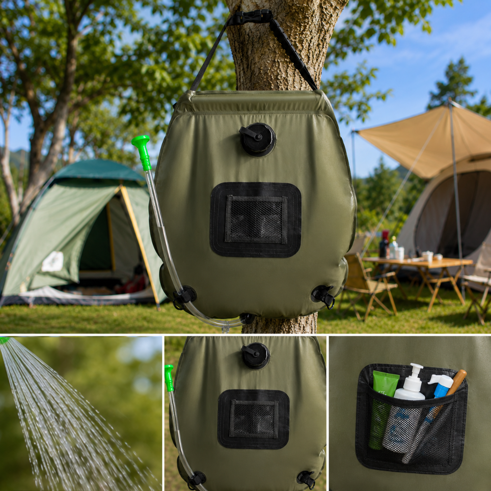 Portable Solar Heated Shower for Camping, 20L, with Thermometer, Leakproof Closure, Hanging Handle, Green