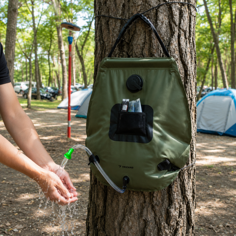 Portable Solar Heated Shower for Camping, 20L, with Thermometer, Leakproof Closure, Hanging Handle, Green