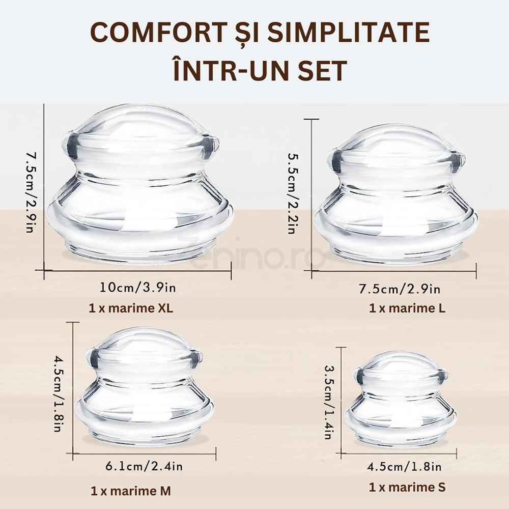 Set of 4 Massage Cupping Cups, Therapeutic, Anti-Cellulite, Relaxation, Soft Silicone, Transparent/Blue