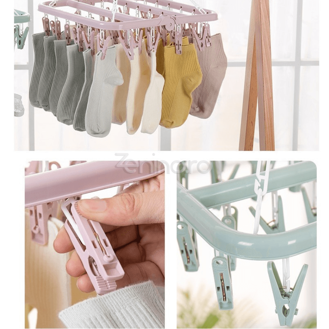 Uscator Rufe, cu 32 Carlige, pentru Sosete, Haine Bebe, Pliabil, Rotire 360, cu Agatatoare, 32x32cm, Roz, Albastru, Verde