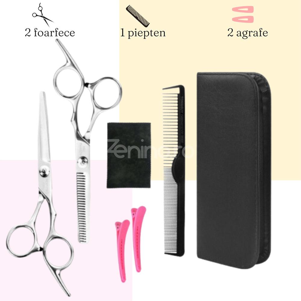 Set de Tuns, 2 Foarfece din Otel, Pieptene, Panza de Catifea, Carcasa, Negru