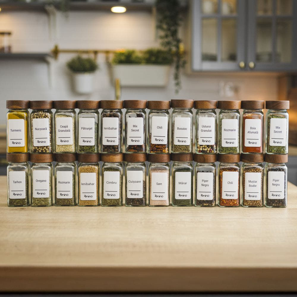 Spice Container Set, Aluminum/Wooden Lid, 96 White Labels in Romanian, 12-24 Salt Shakers, Funnel, Marker, 110ml, Bottle