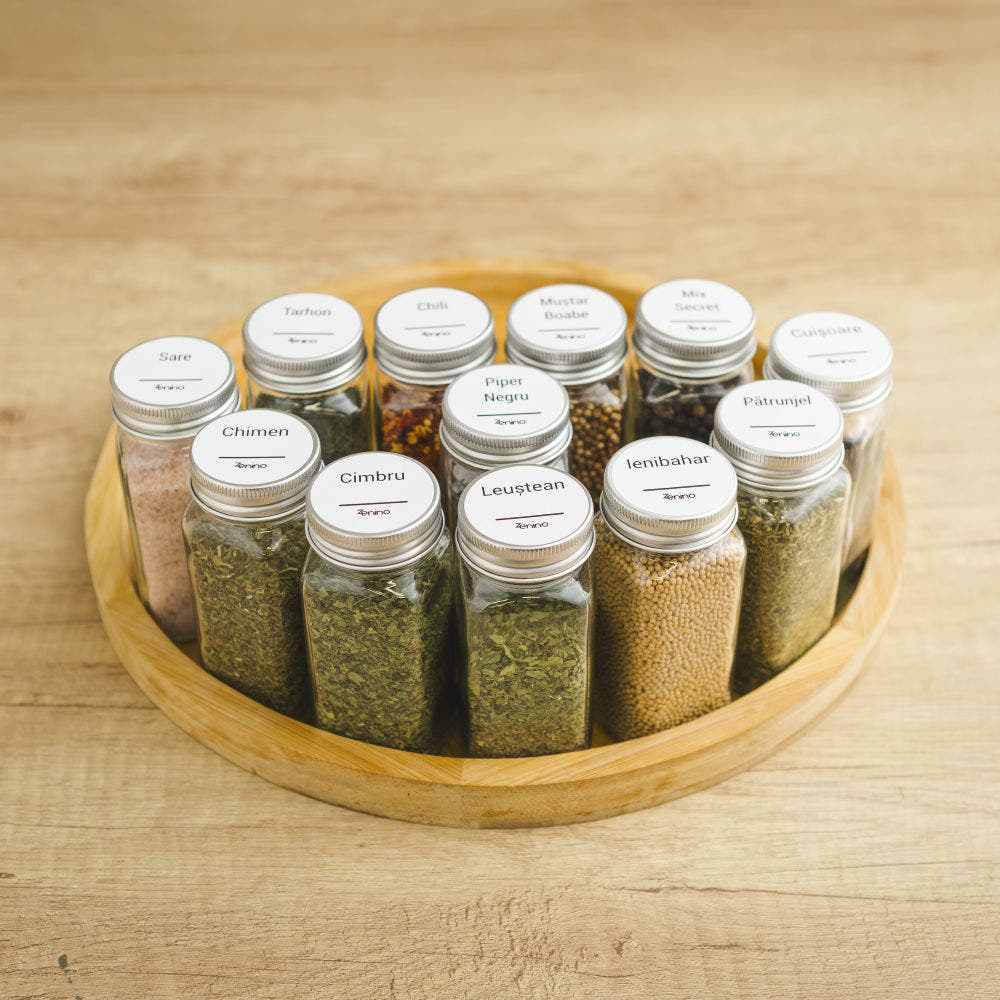 Spice Container Set, Aluminum/Wooden Lid, 96 White Labels in Romanian, 12-24 Salt Shakers, Funnel, Marker, 110ml, Bottle