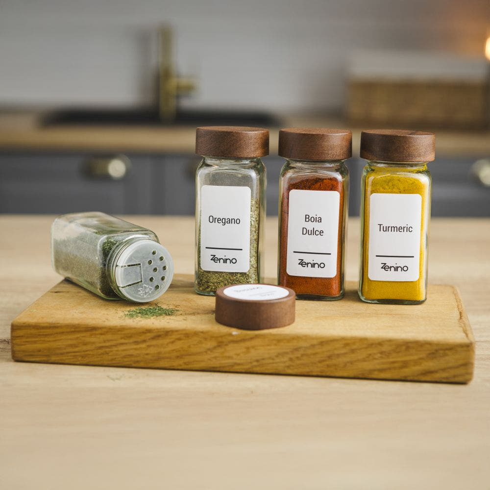 Spice Container Set, Aluminum/Wooden Lid, 96 White Labels in Romanian, 12-24 Salt Shakers, Funnel, Marker, 110ml, Bottle