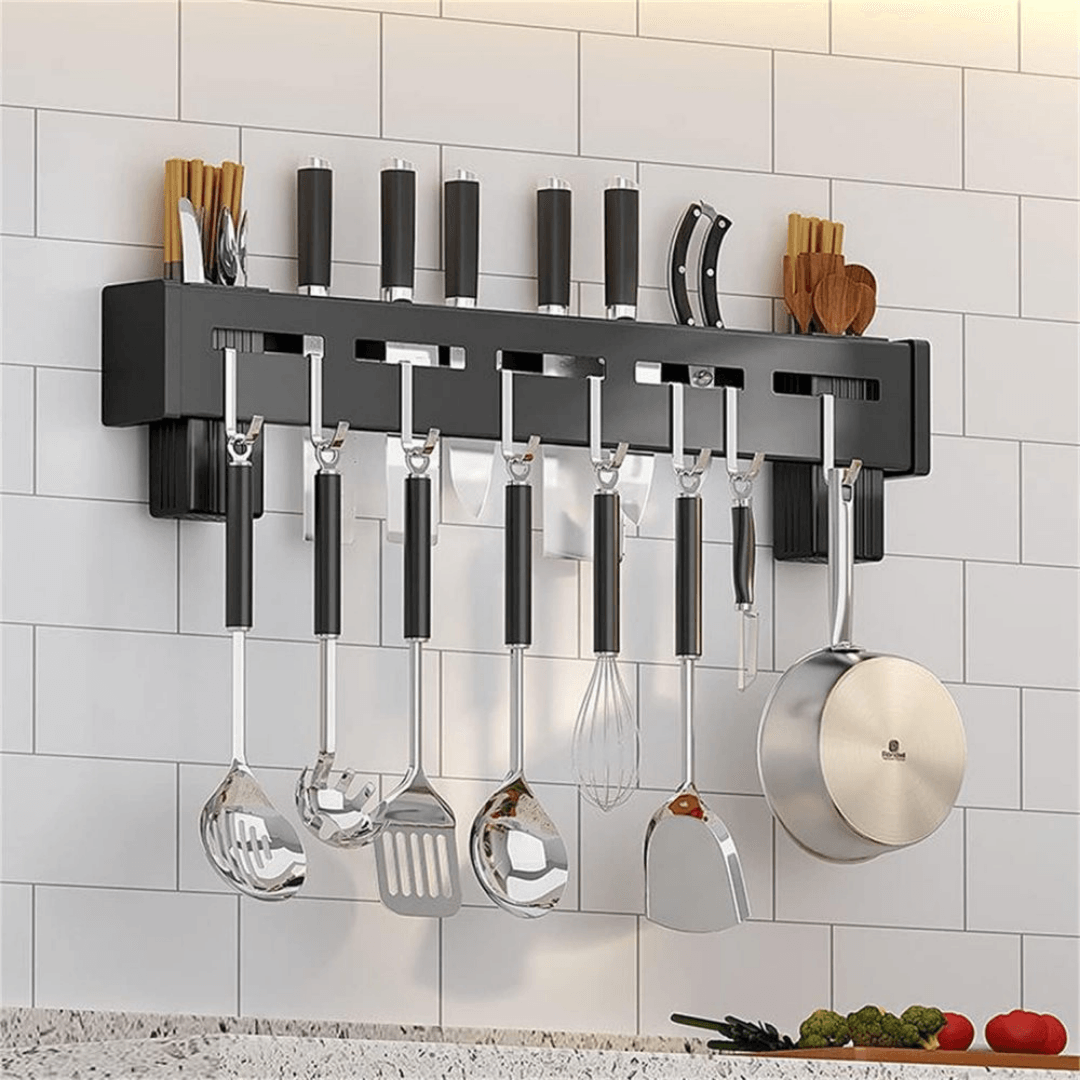 Suport Suspendabil Ustensile, Compartimente Cutite, Recipiente Tacamuri, din Otel Inoxidabil, 60cm, Negru