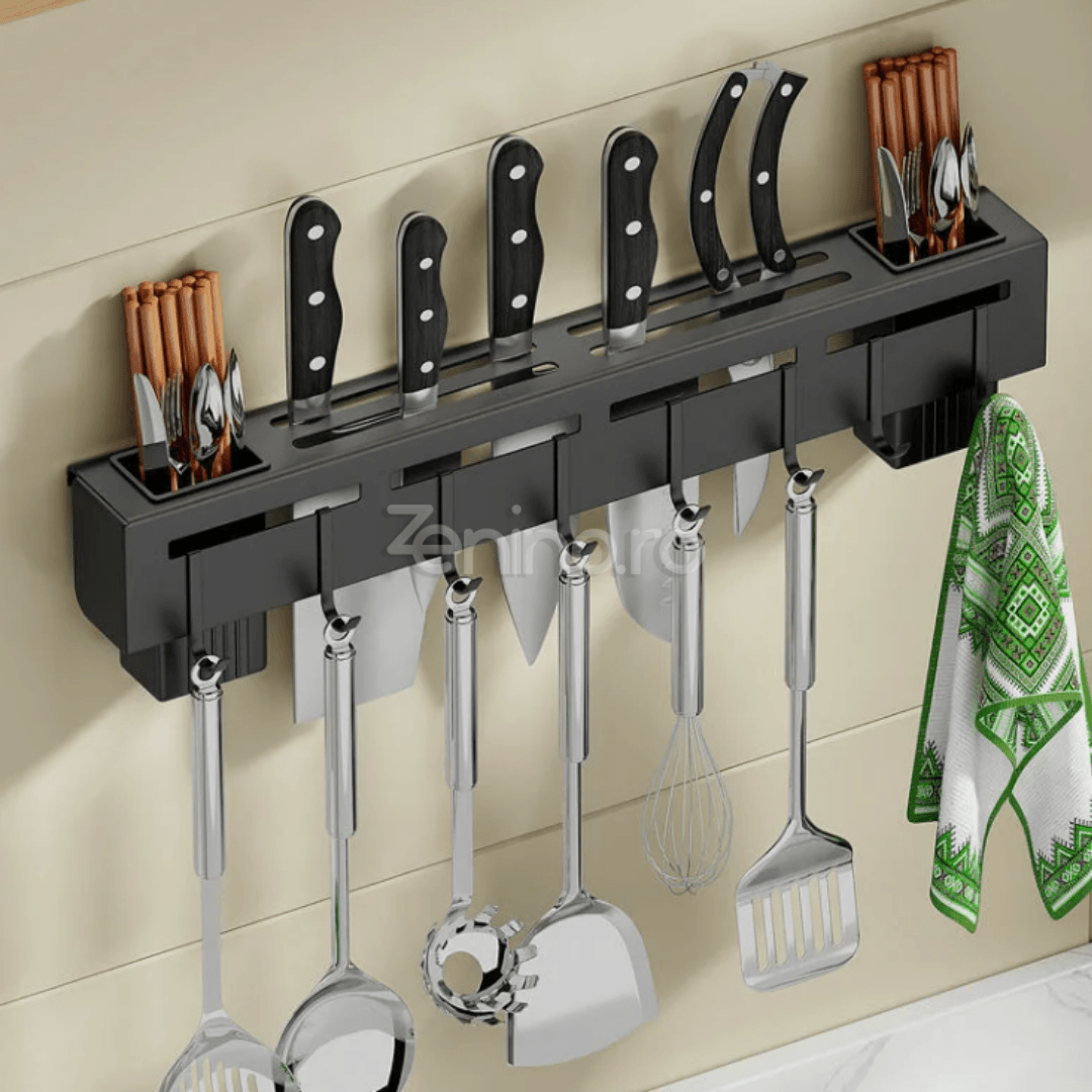 Suport Suspendabil Ustensile, Compartimente Cutite, Recipiente Tacamuri, din Otel Inoxidabil, 60cm, Negru