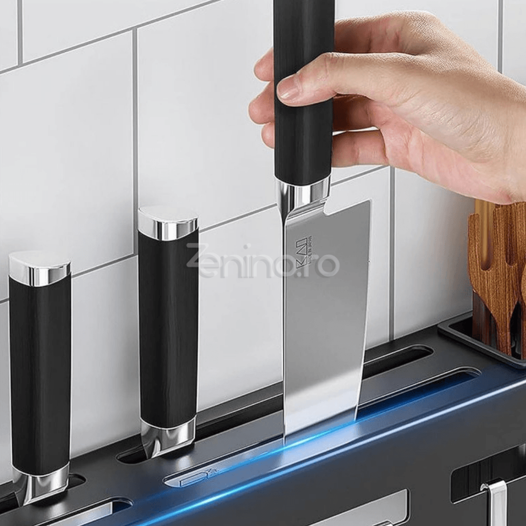Suport Suspendabil Ustensile, Compartimente Cutite, Recipiente Tacamuri, din Otel Inoxidabil, 60cm, Negru