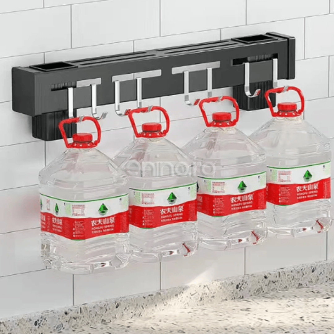 Suport Suspendabil Ustensile, Compartimente Cutite, Recipiente Tacamuri, din Otel Inoxidabil, 60cm, Negru
