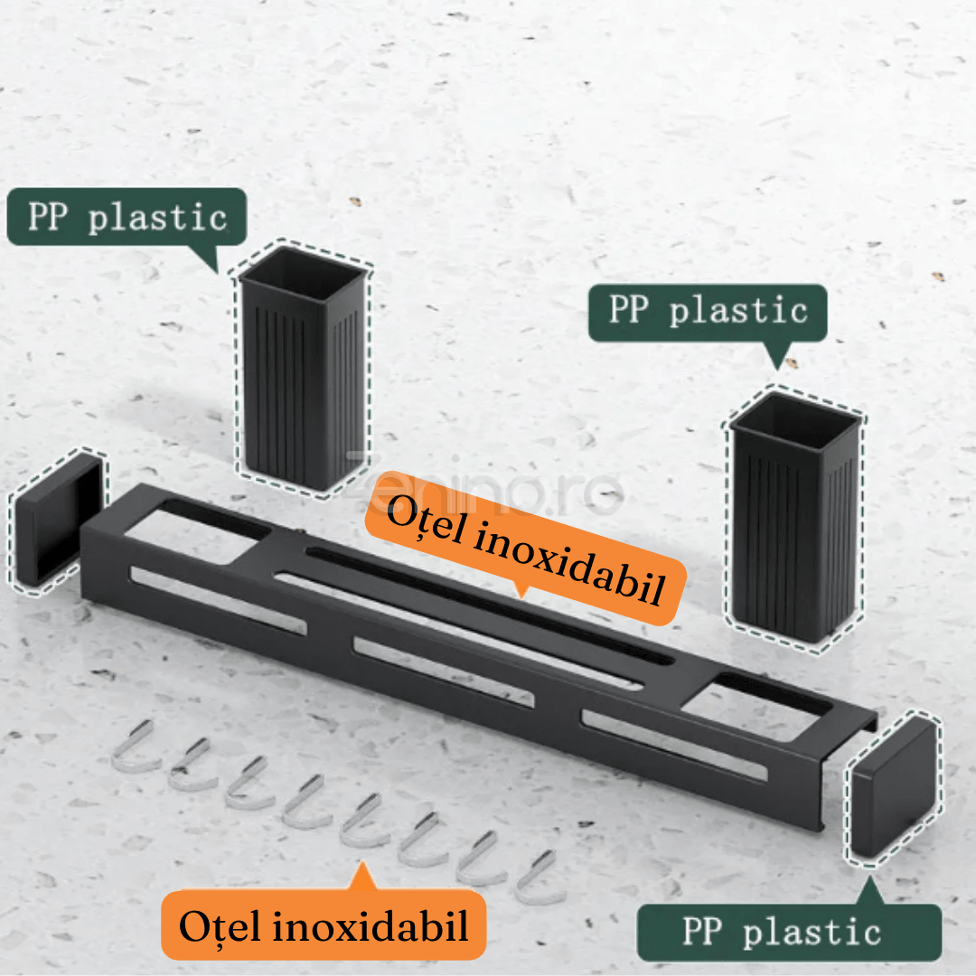 Suport Suspendabil Ustensile, Compartimente Cutite, Recipiente Tacamuri, din Otel Inoxidabil, 60cm, Negru