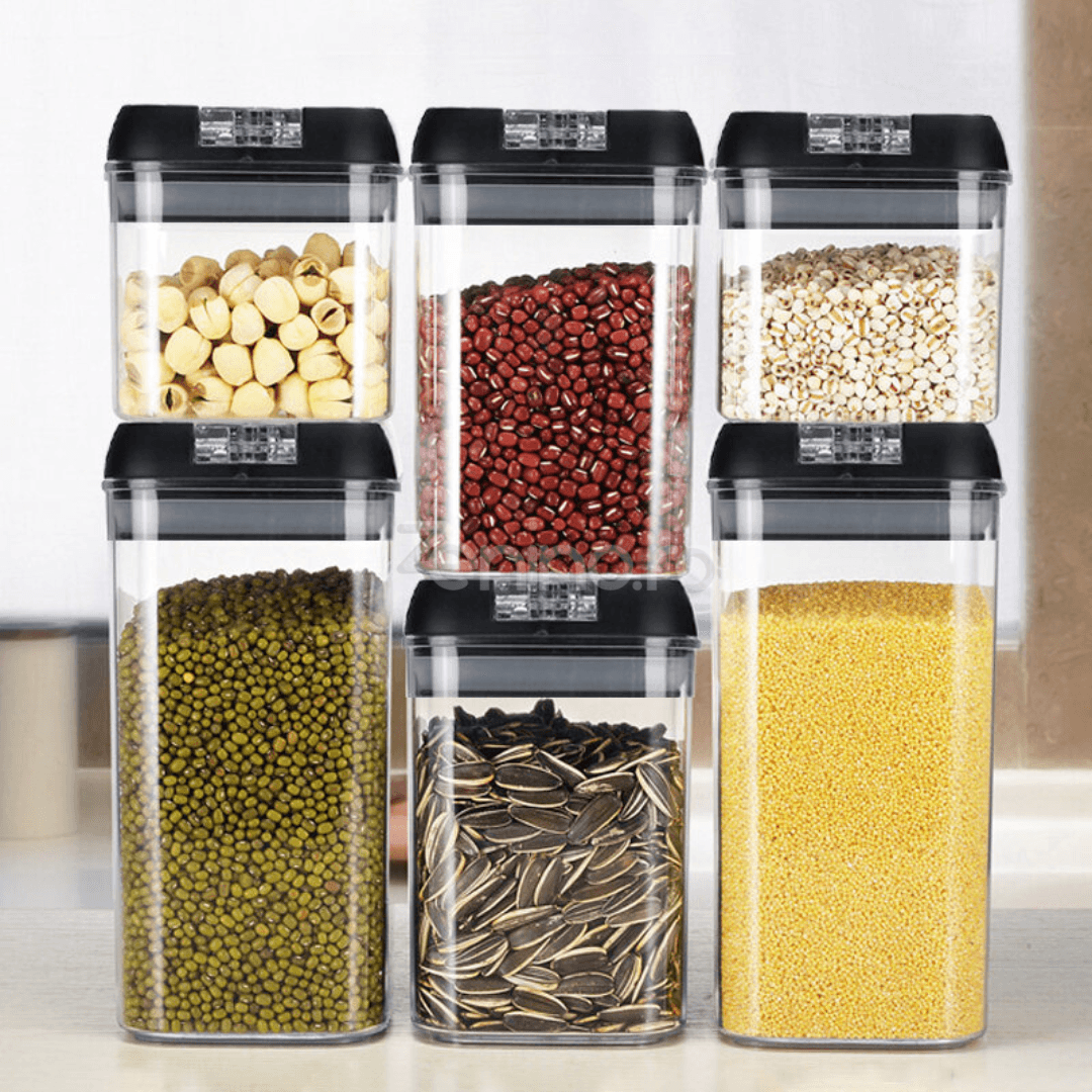 Set 7 Recipiente Organizare Alimente, Inchidere Etansa, Etichete Reutilizabile, Cupe Masurare, 4 Dimensiuni Diferite, Plastic Dur, Transparent