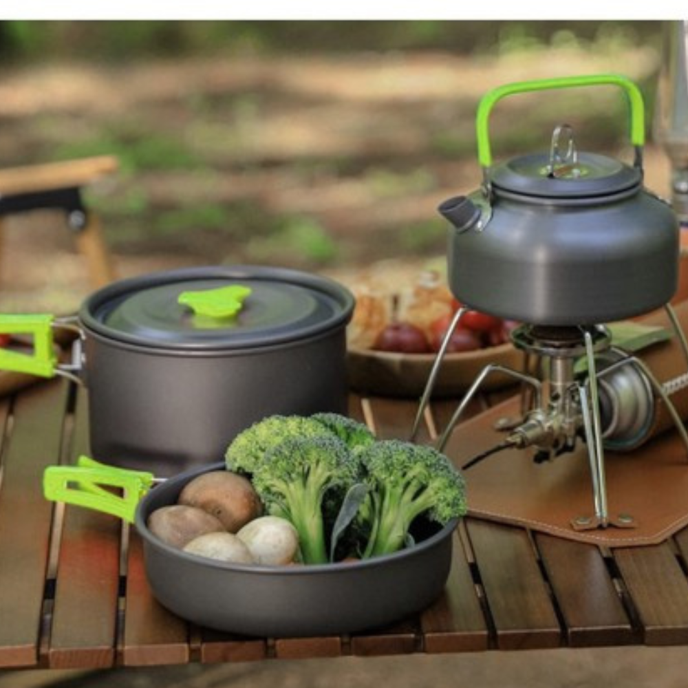 Zenino Camping Cooking Set - 9 Pieces, Non-Stick Surface, Pot, Pan, Accessories Included, Portable, Anodized Aluminum, Gray