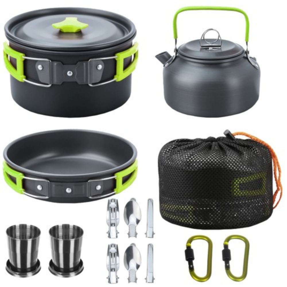 Zenino Camping Cooking Set - 9 Pieces, Non-Stick Surface, Pot, Pan, Accessories Included, Portable, Anodized Aluminum, Gray