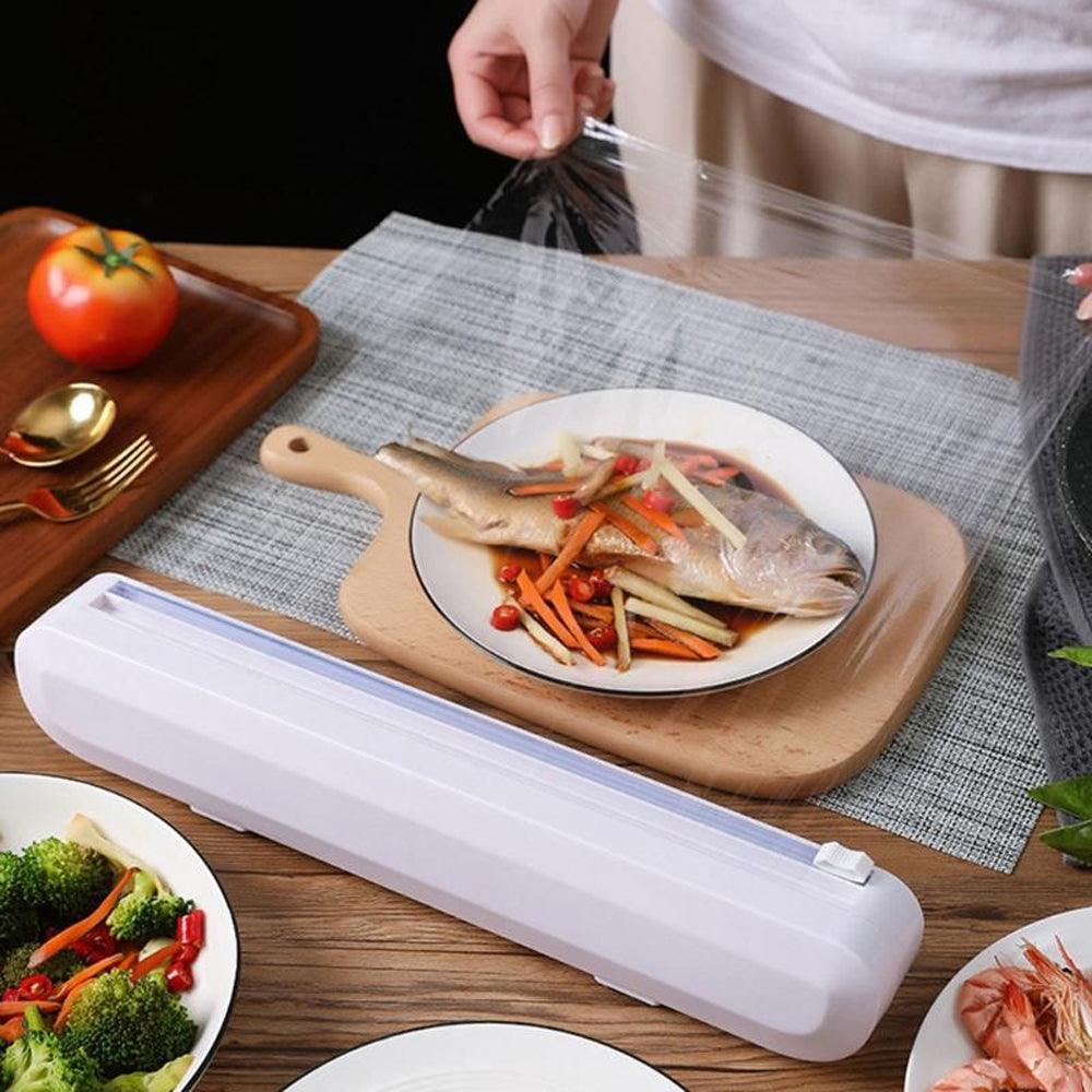 Cling Film Dispenser, Manual, Cutting Blade, Sliding Button, Suction Cups, 37cmx6.5cmx5cm, White